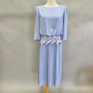 Miss Elliette Vintage 80s Periwinkle Blouson Accordian Pleat Midi Dress Size 10